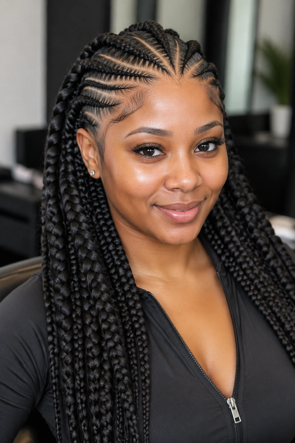 Close-up of a real woman with feed-in goddess braids and fine cornrow accents