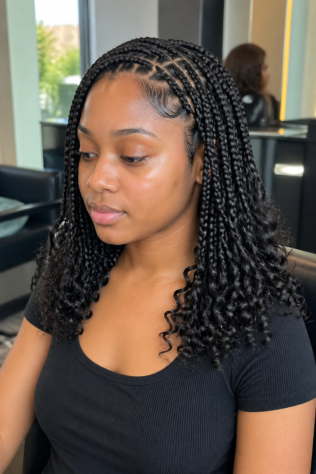 Close-up of a real woman with a clean feed-in hairline and curly ends.