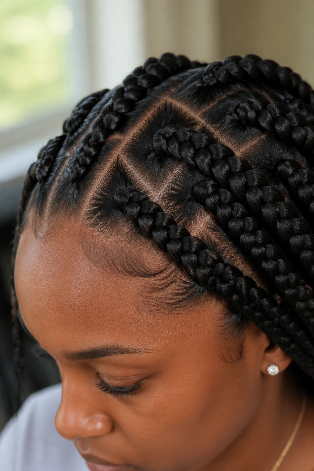 Real person focusing on feed-in hairline of jumbo braids