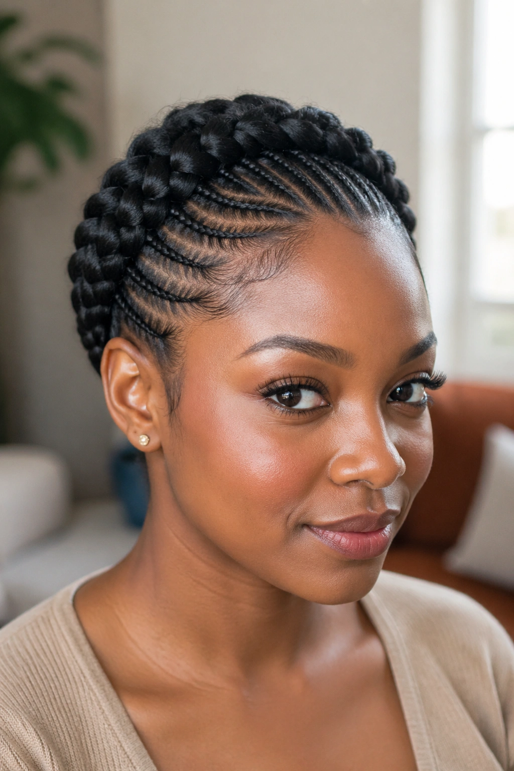 Close-up of a real woman with a feed-in halo on coily hair