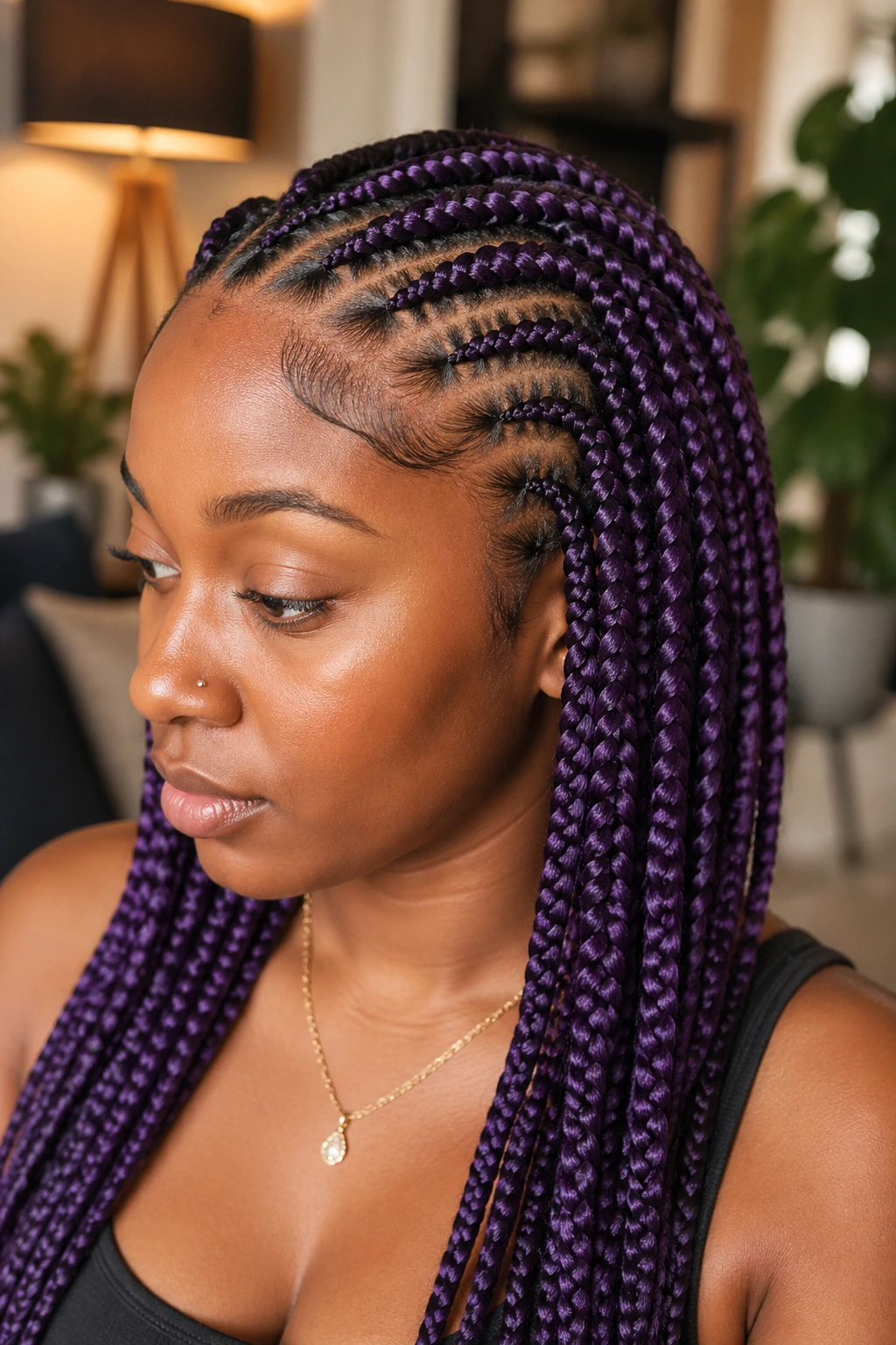 Portrait showing medium knotless braids with smooth feed-in at the roots