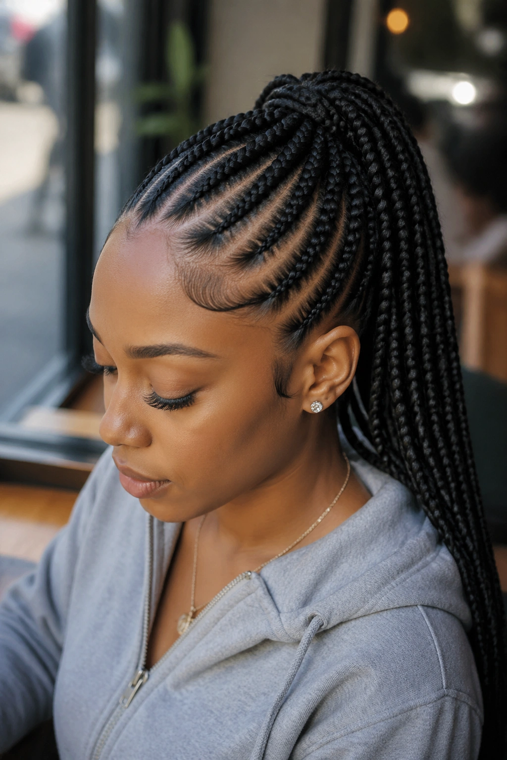 Close-up portrait of a real woman with feed-in ponytail braid at crown