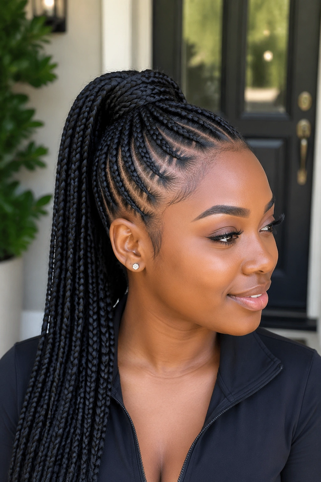 Close-up of a Black woman with feed-in braids forming a sleek ponytail.
