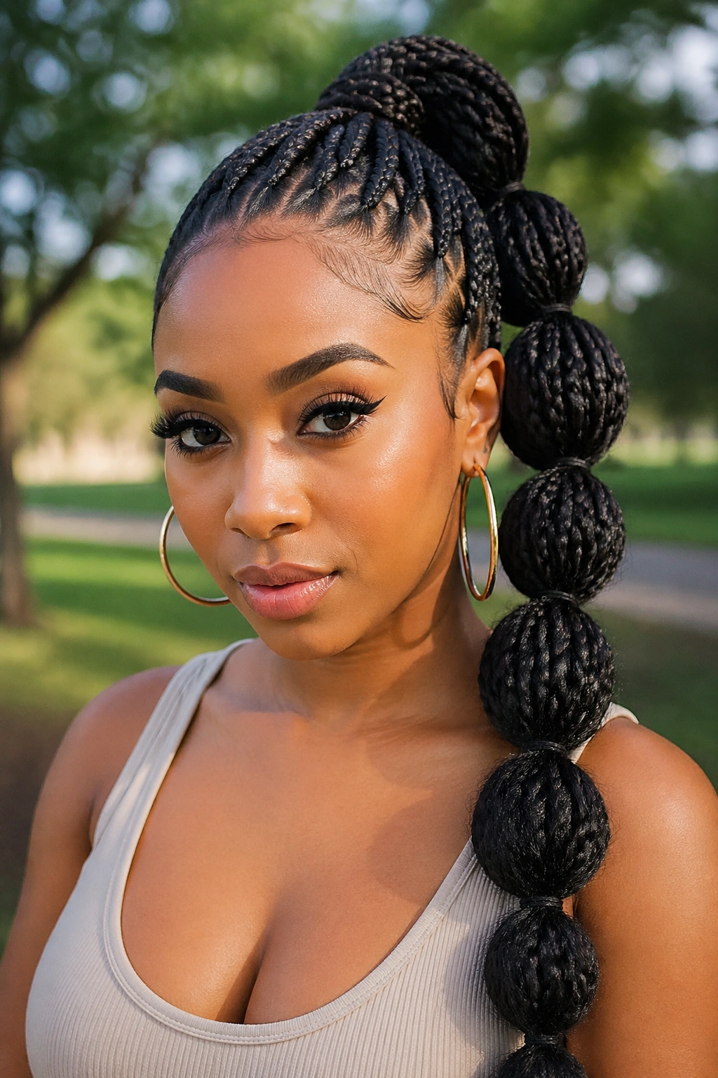 Close-up portrait of a person with a feed-in ponytail and crochet bubble tail