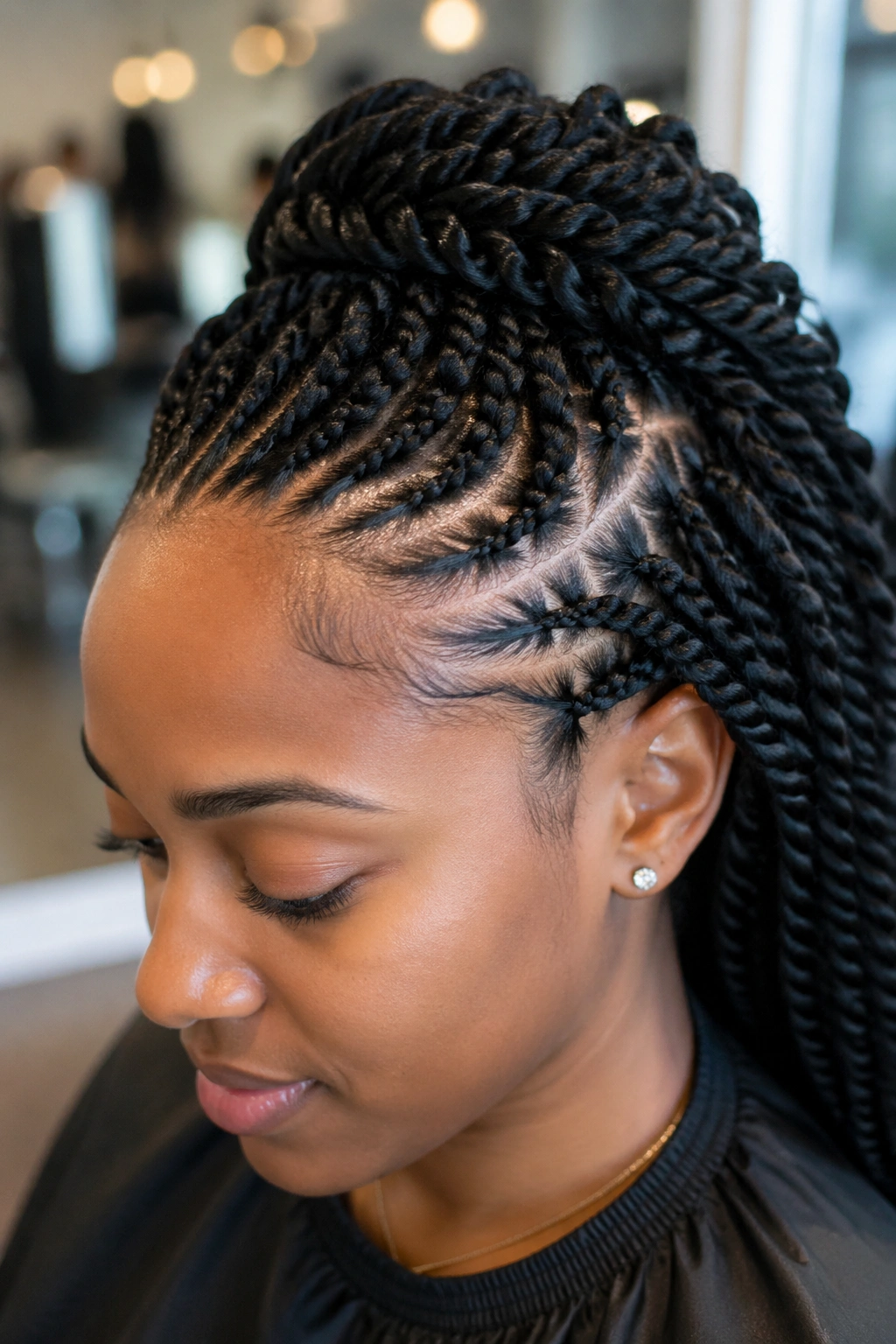 Close-up of feed-in rope braids at the hairline on a real person with smooth temple area.