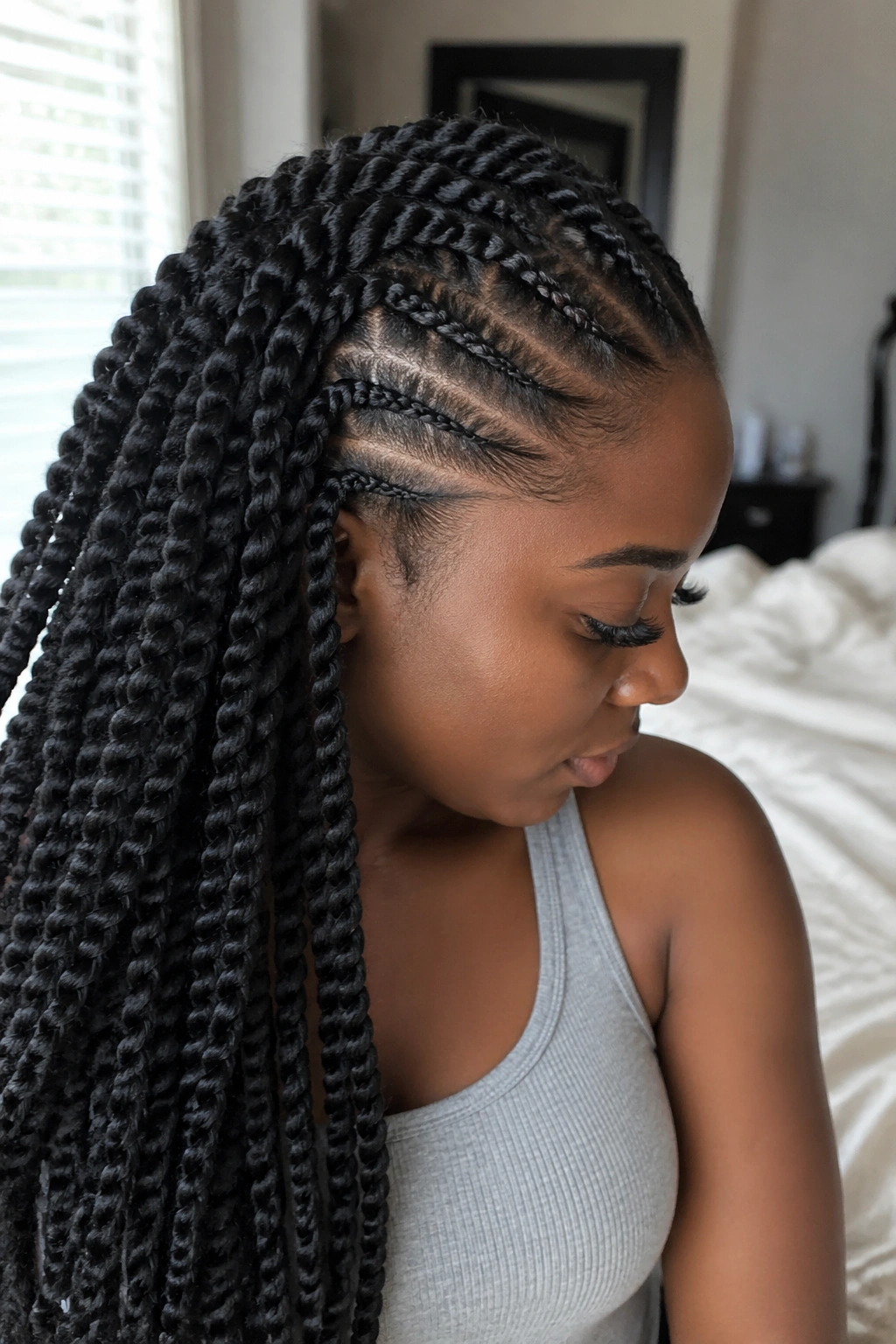 Close-up of feed-in twists showing tapered roots on a real woman.