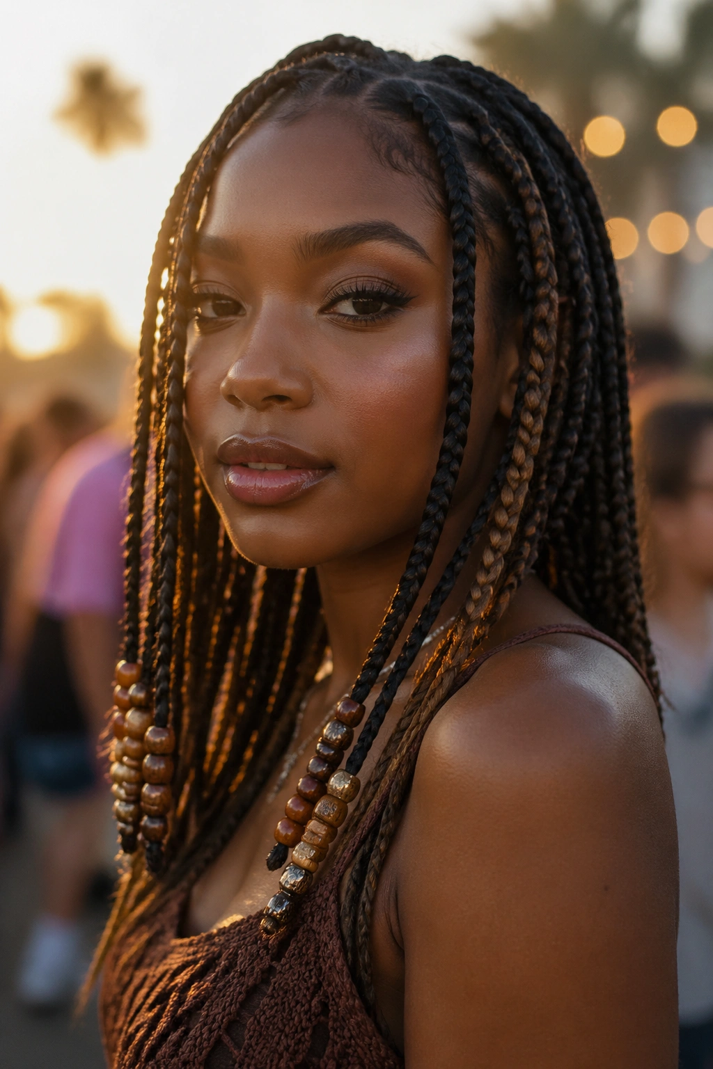 Beaded crochet accents on festival braids close-up