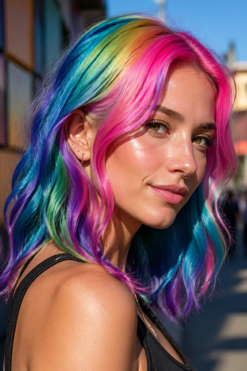 Real person with festival rainbow panel hair in bright daylight.