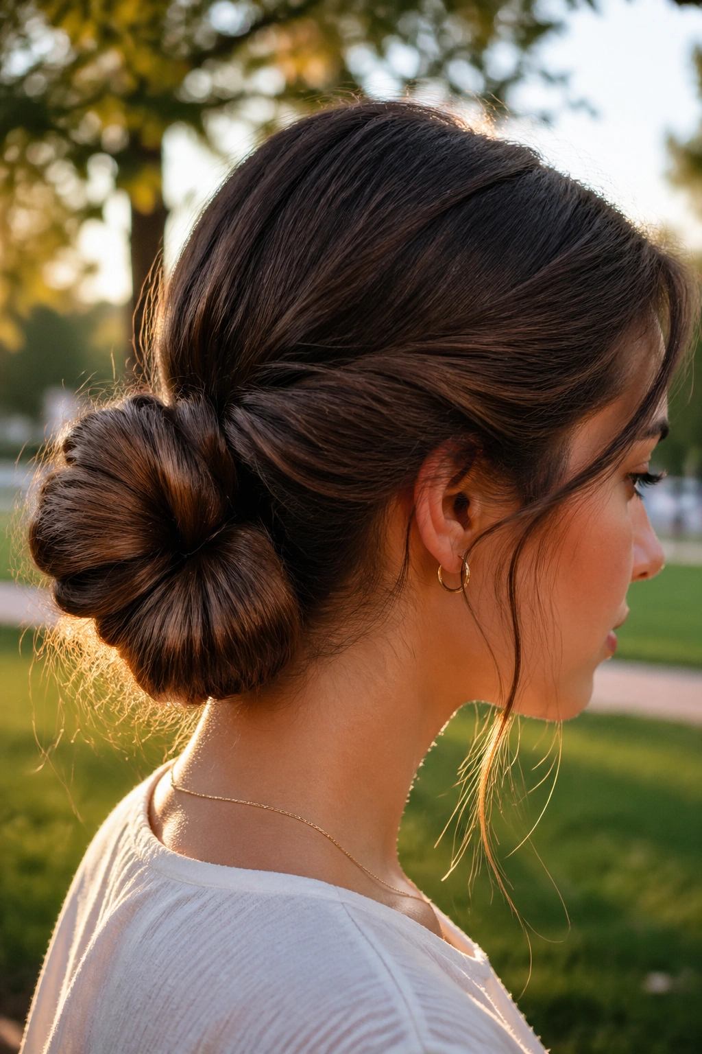 Side-profile of a woman with a figure-eight bun