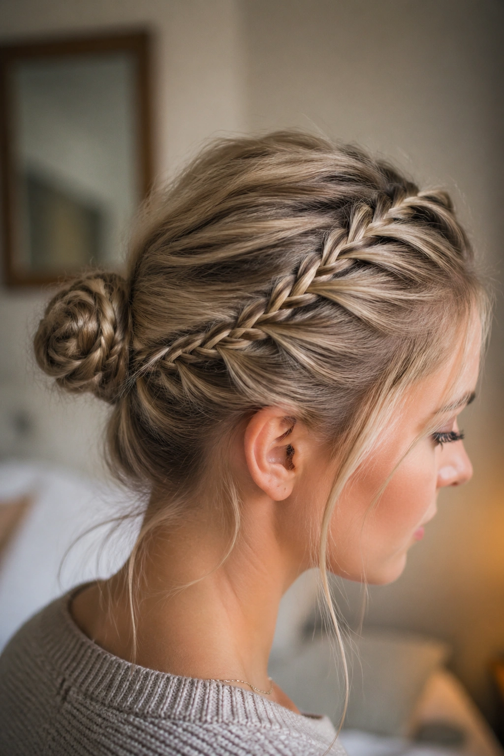 Real woman with Fine-Hair French Braid Bun showing compact structure.