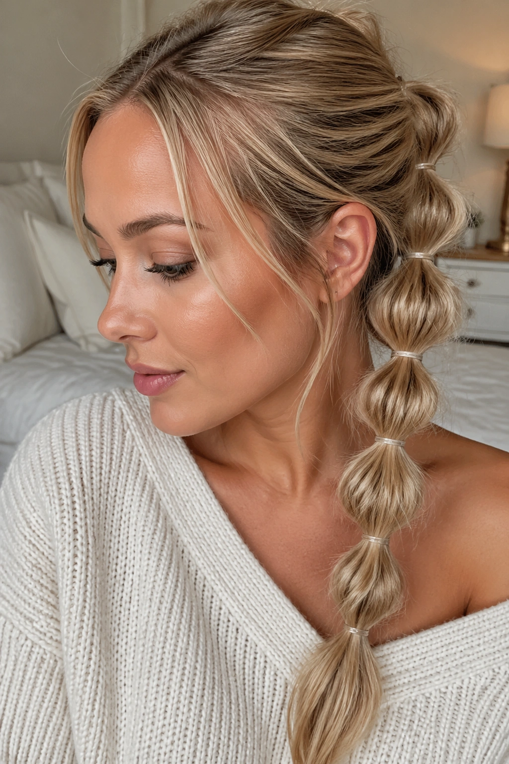 Close-up of a real woman with a fine-hair bubble braid and puffed sections
