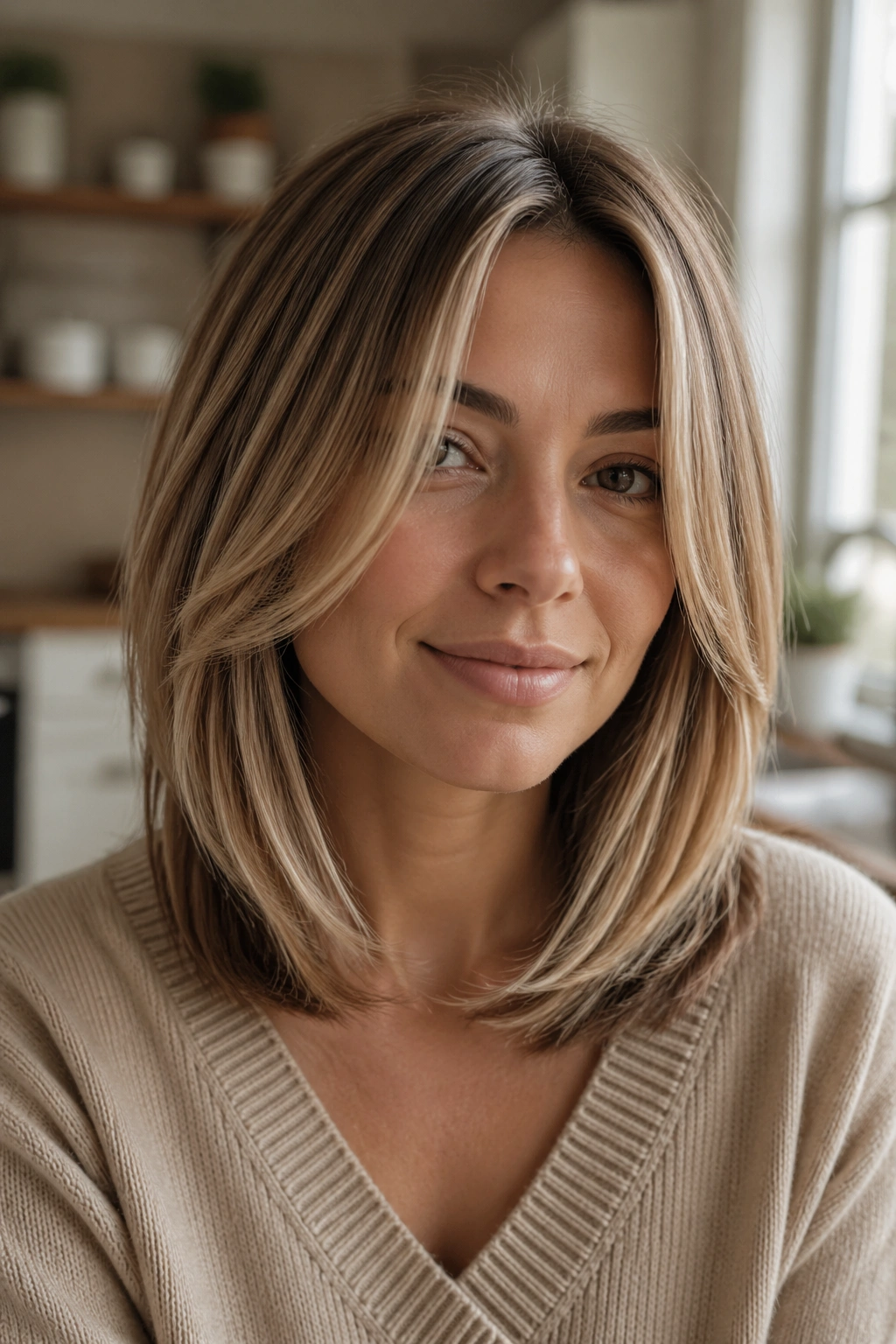 Close-up portrait of a real woman with a medium-length fine-hair cut and full-looking ends.