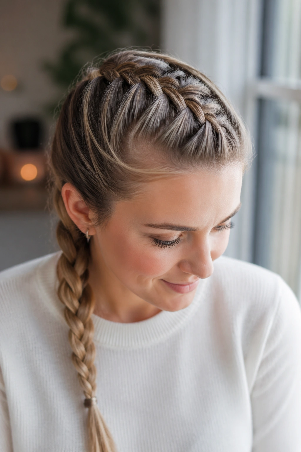 Close-up of a real person with fine hair braided into a snug French braid.