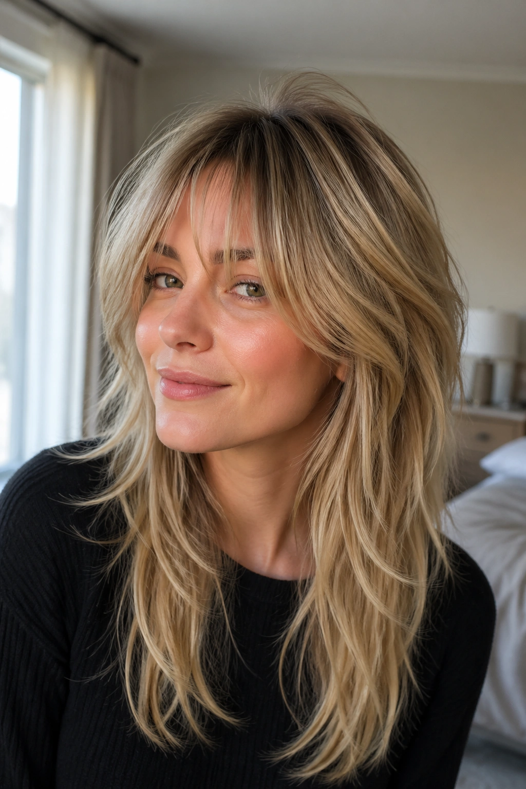 Portrait of a real woman with long shag for fine hair and root lift