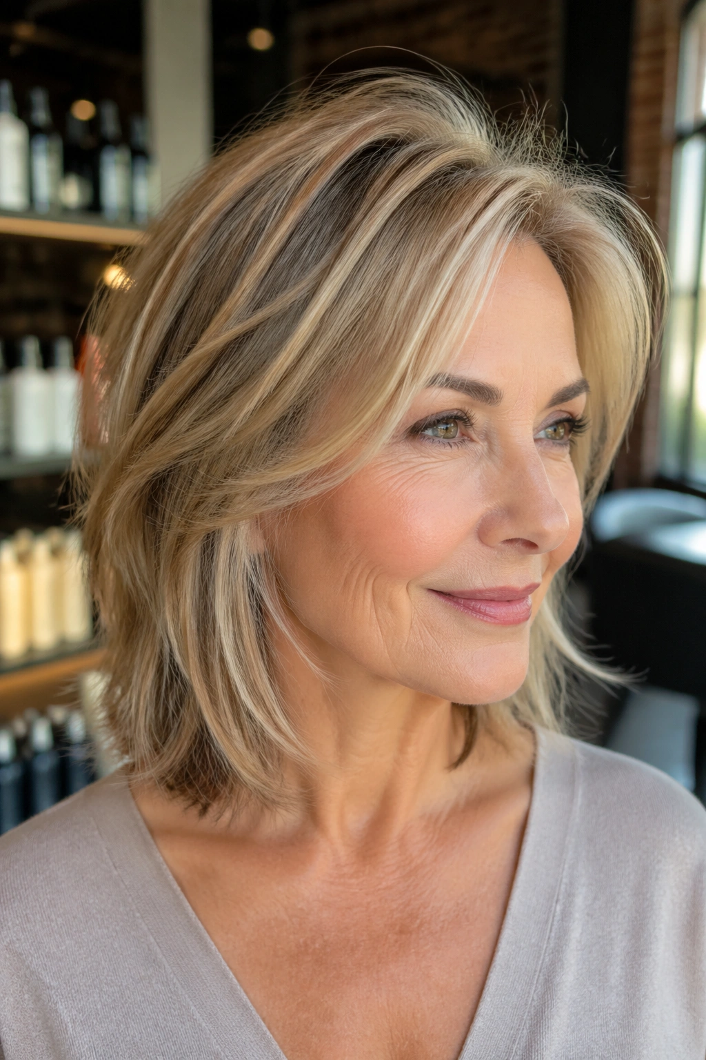 Close-up of a real woman with a textured cut for fine hair and lifted crown