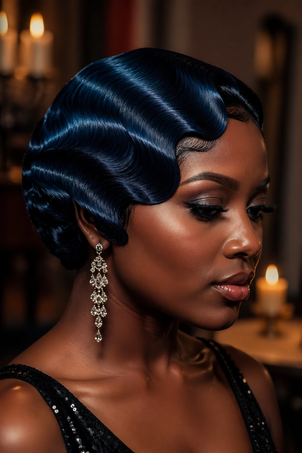 Close-up of sculpted finger waves with blue-black shine on real hair
