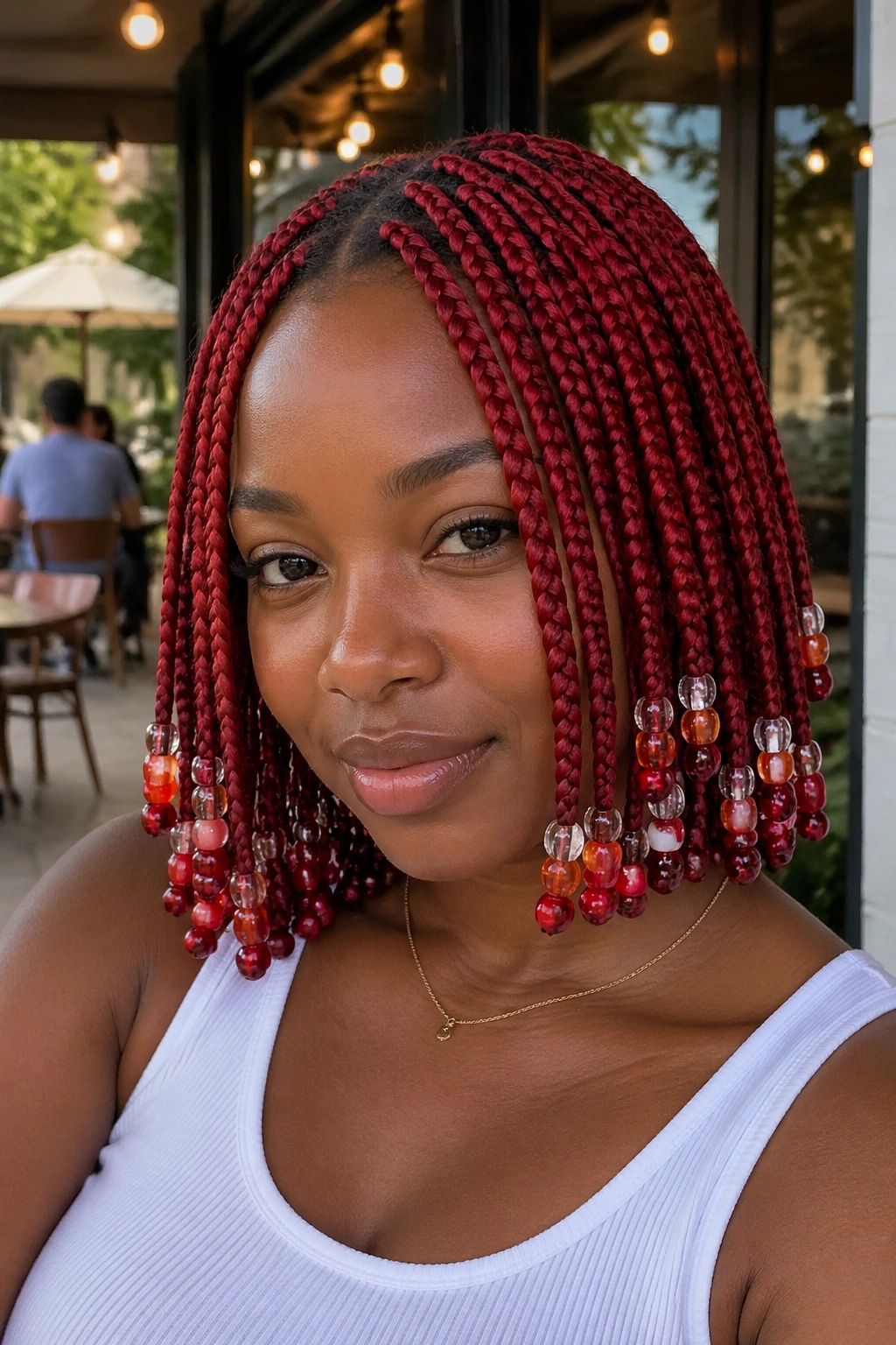 Real person with fire engine red box braids and mixed beads.