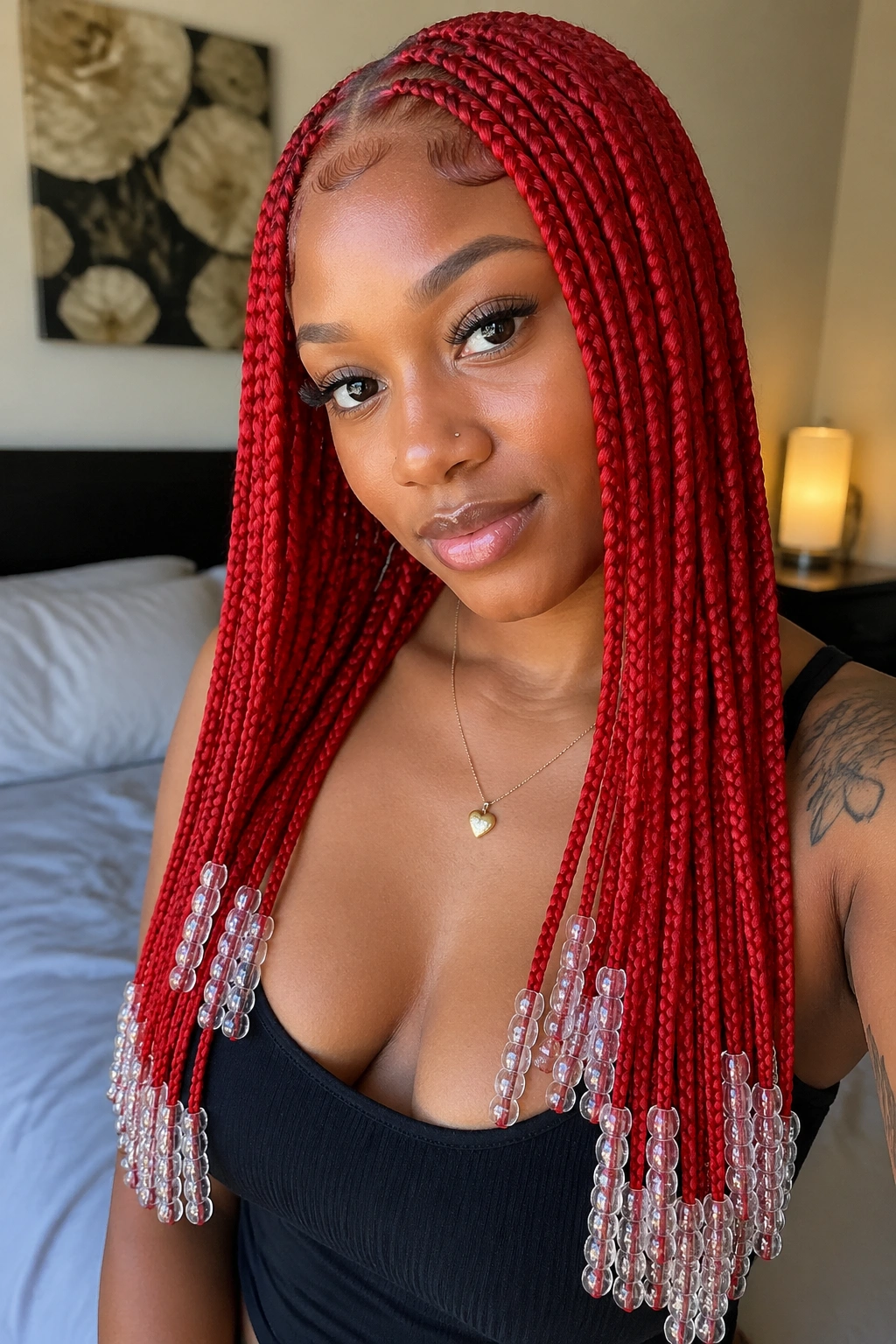 Close-up portrait of a real person with long fire-red knotless box braids and clear beads near the ends