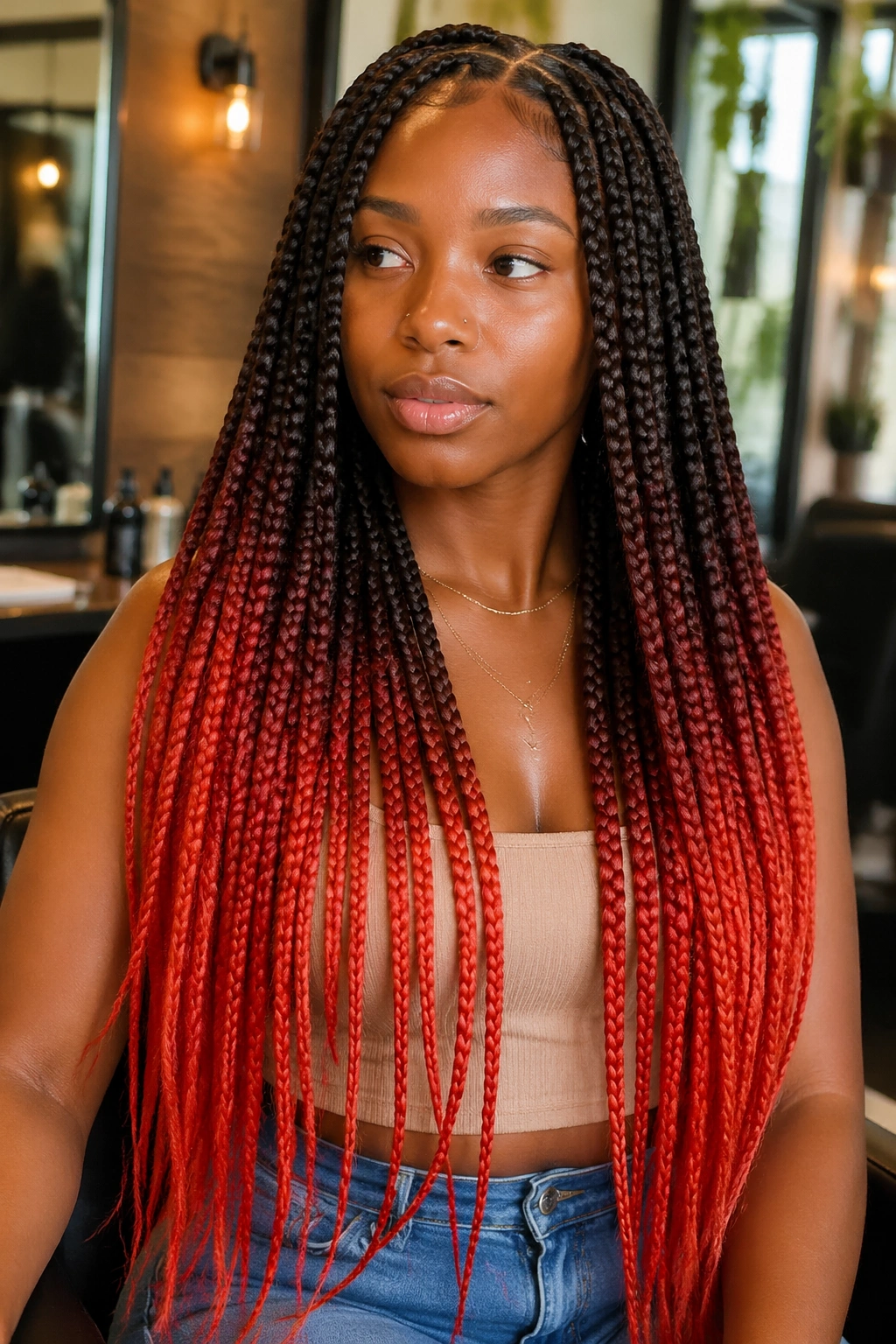 Close-up of a real woman with fire-red dip-dye knotless braids and dark roots