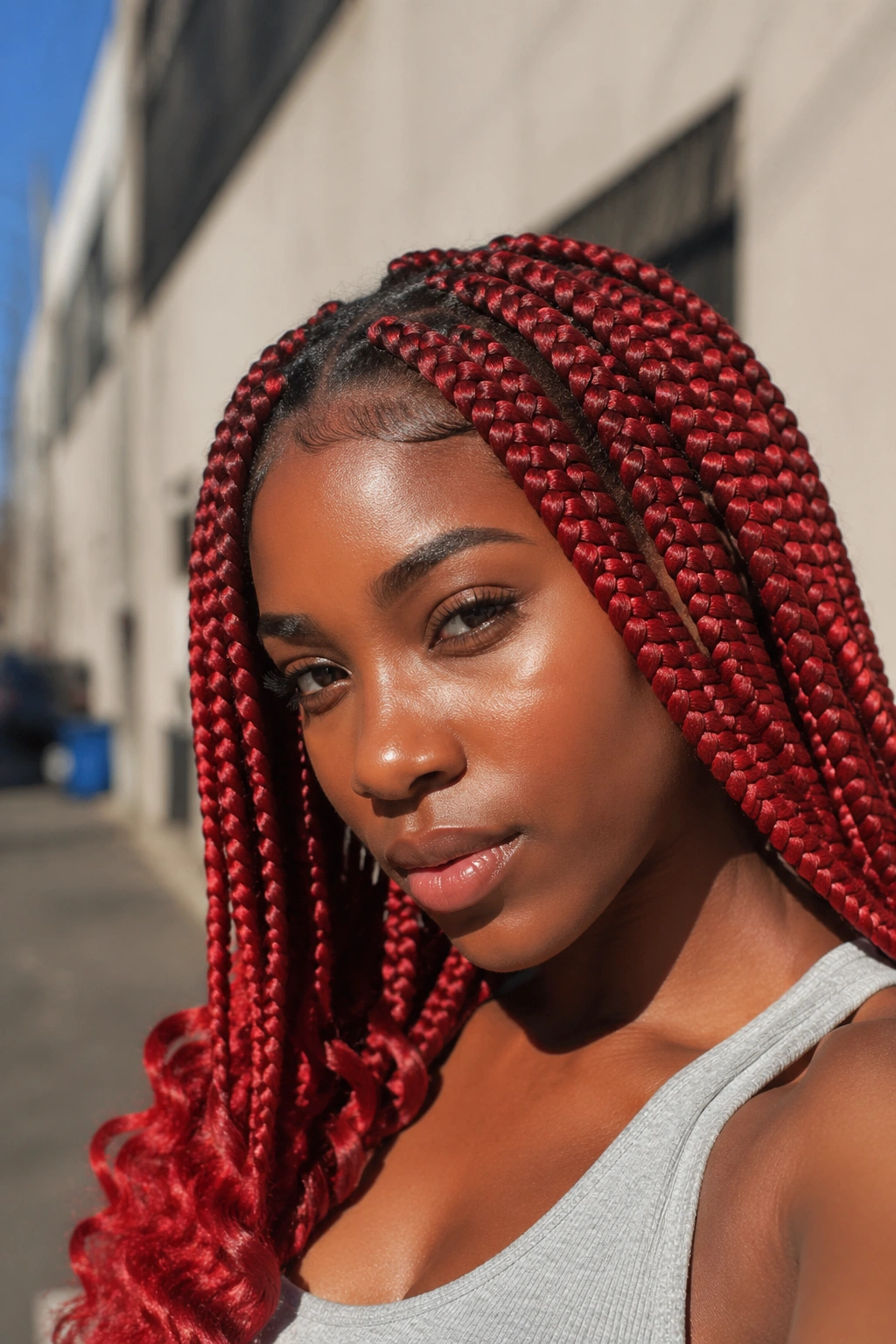 Close-up of a real woman with fire-red jumbo knotless braids