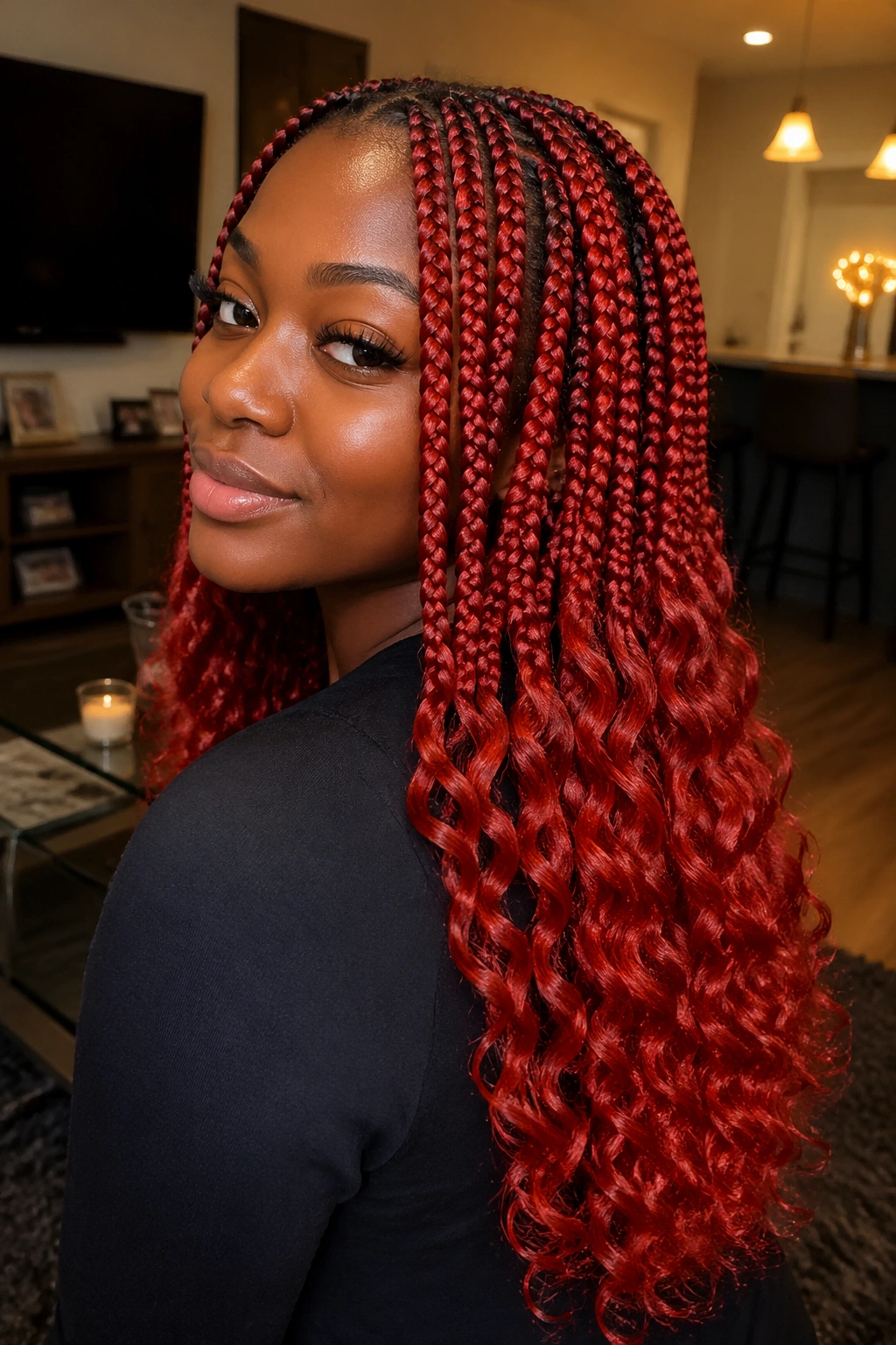 Close-up of a real woman with fire-red knotless braids and curled ends