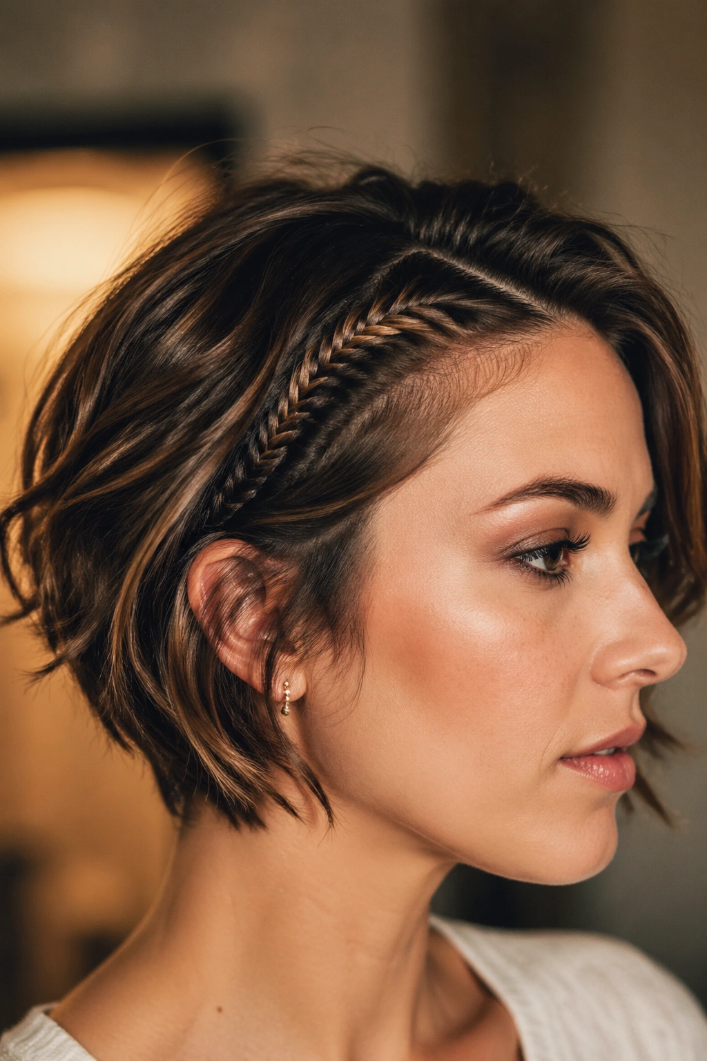 Close-up of a real woman with a tiny fishtail accent braid at the temple on short hair.