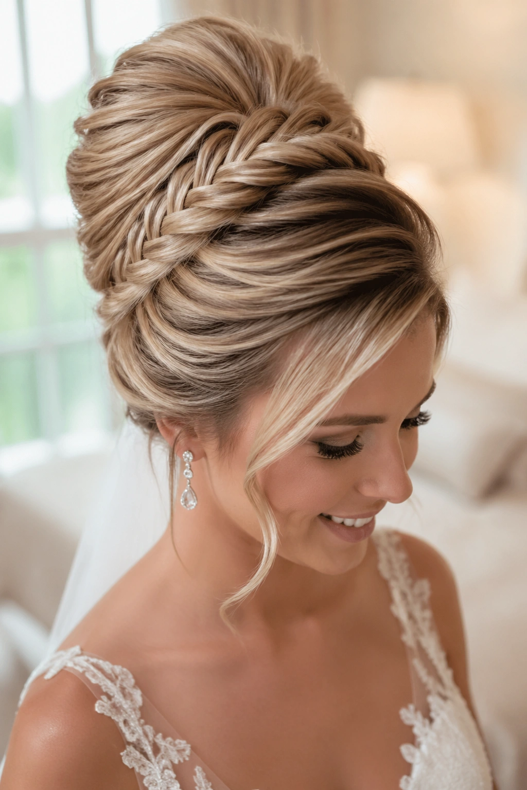 Bride with a fishtail beehive wedding updo.