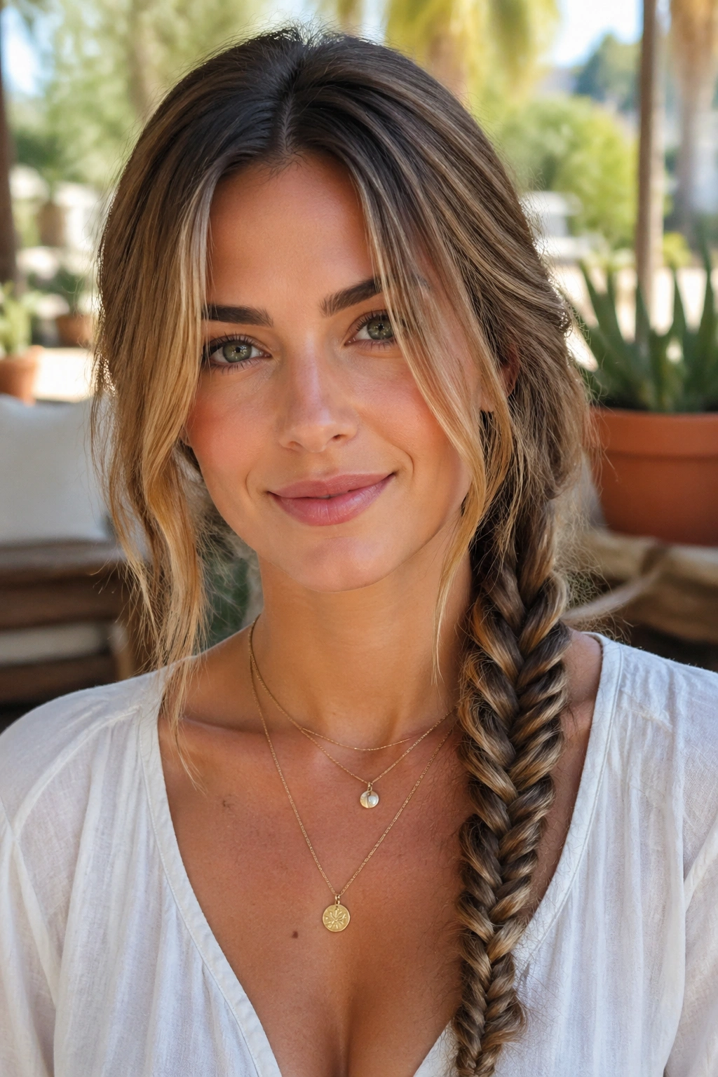 Real woman with side fishtail braid and light fringe in natural outdoor light