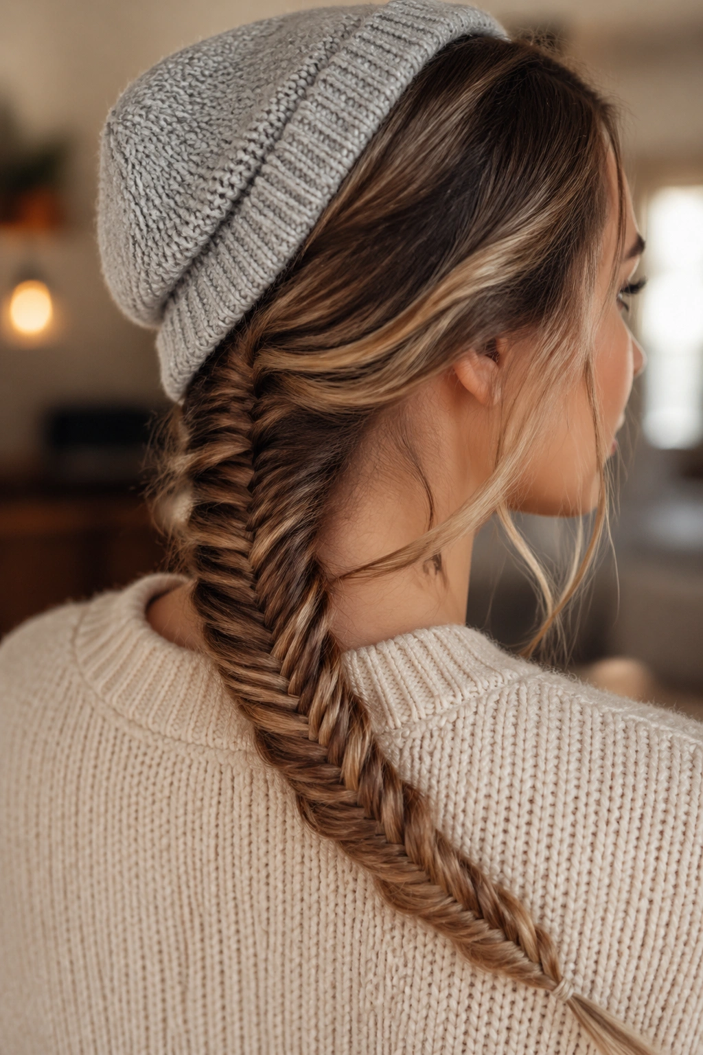 Real woman with a fishtail braid visible at the nape, beanie partially moved aside.