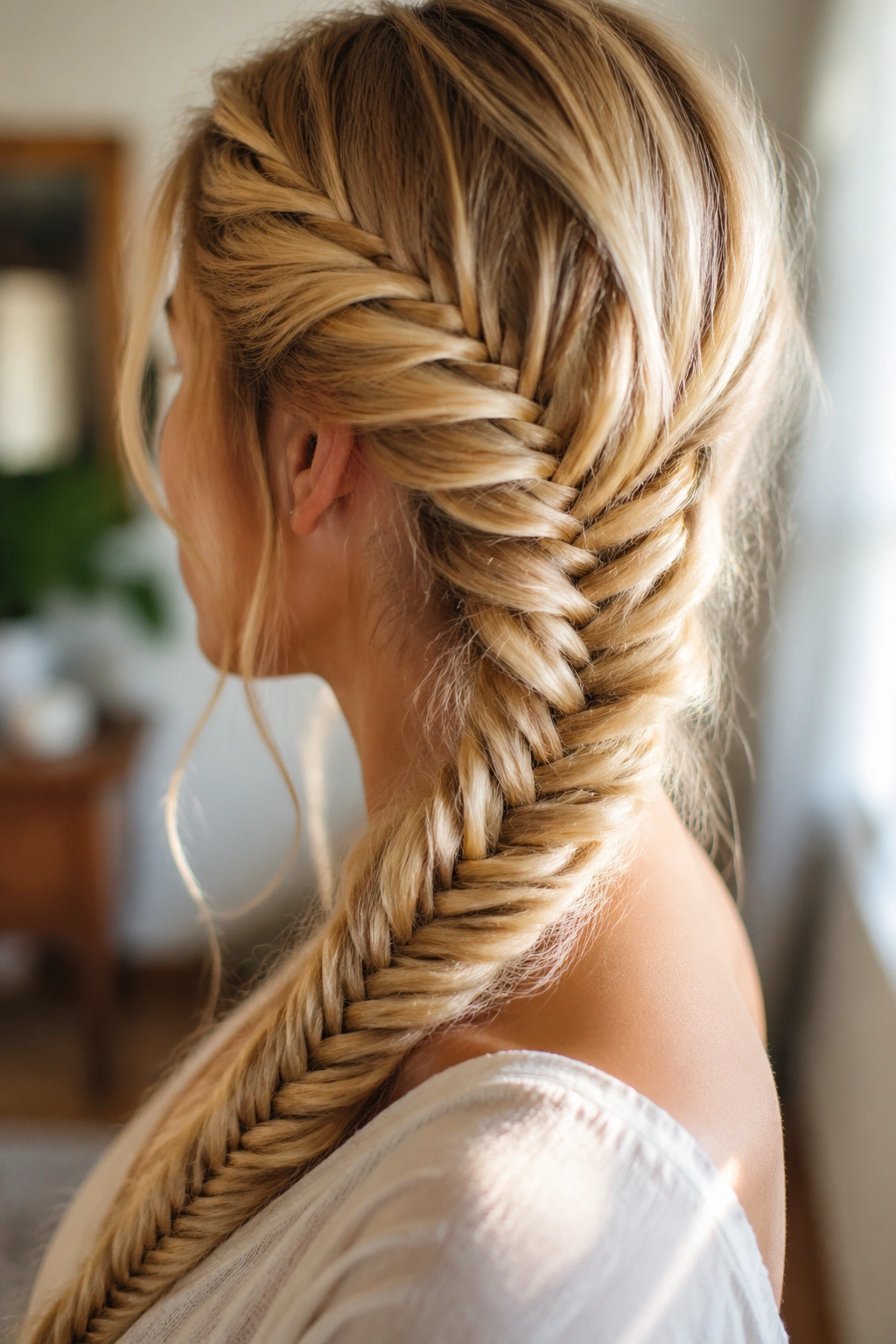 Real woman with long blonde fishtail braid.