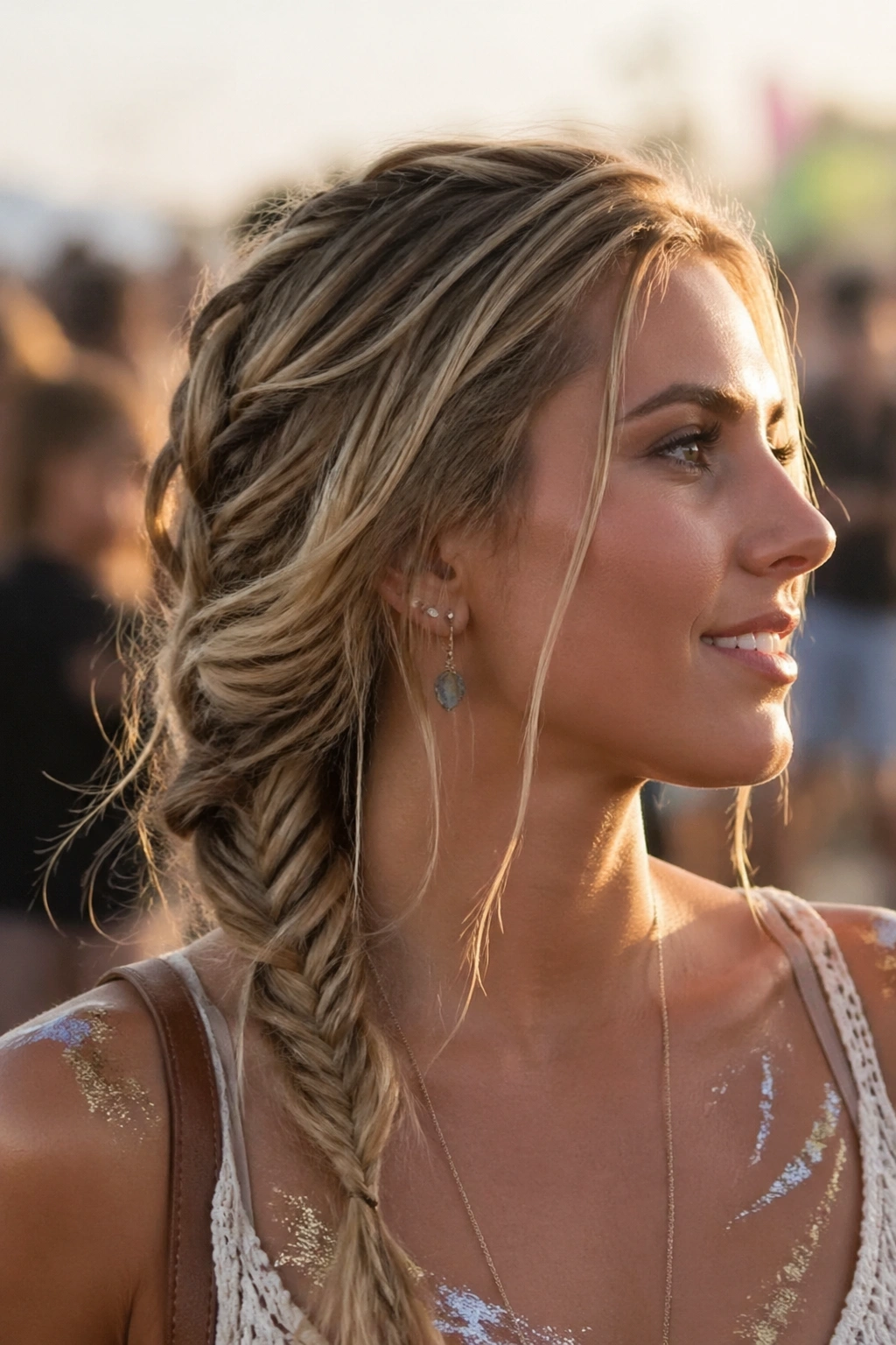 Close-up of a real woman with a loose fishtail braid and face-framing pieces at golden hour in an outdoor festival