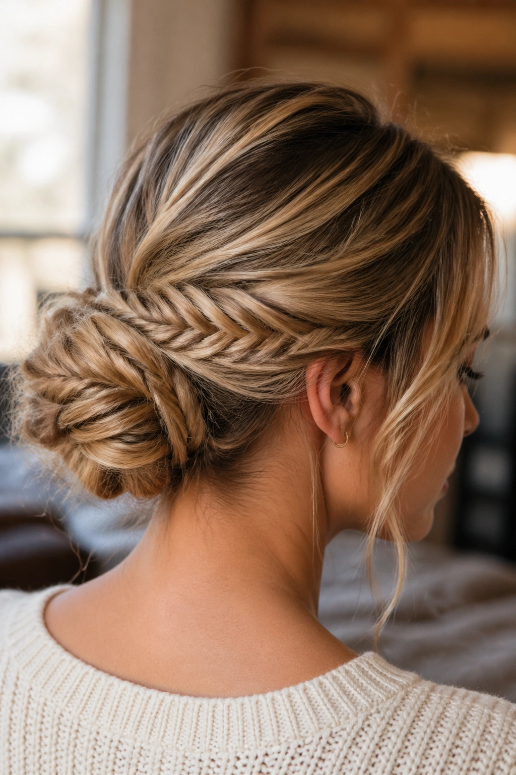 Close-up of a real woman with a fishtail braid bun