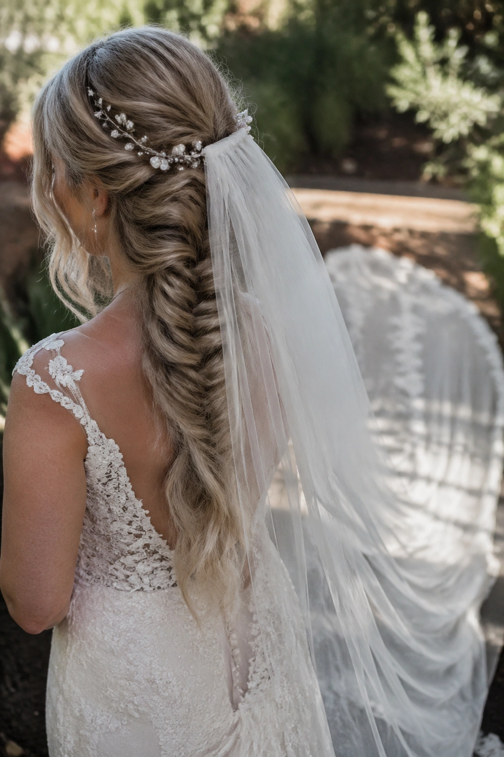 Close-up of a bride's fishtail braid with cathedral veil and long train in garden light
