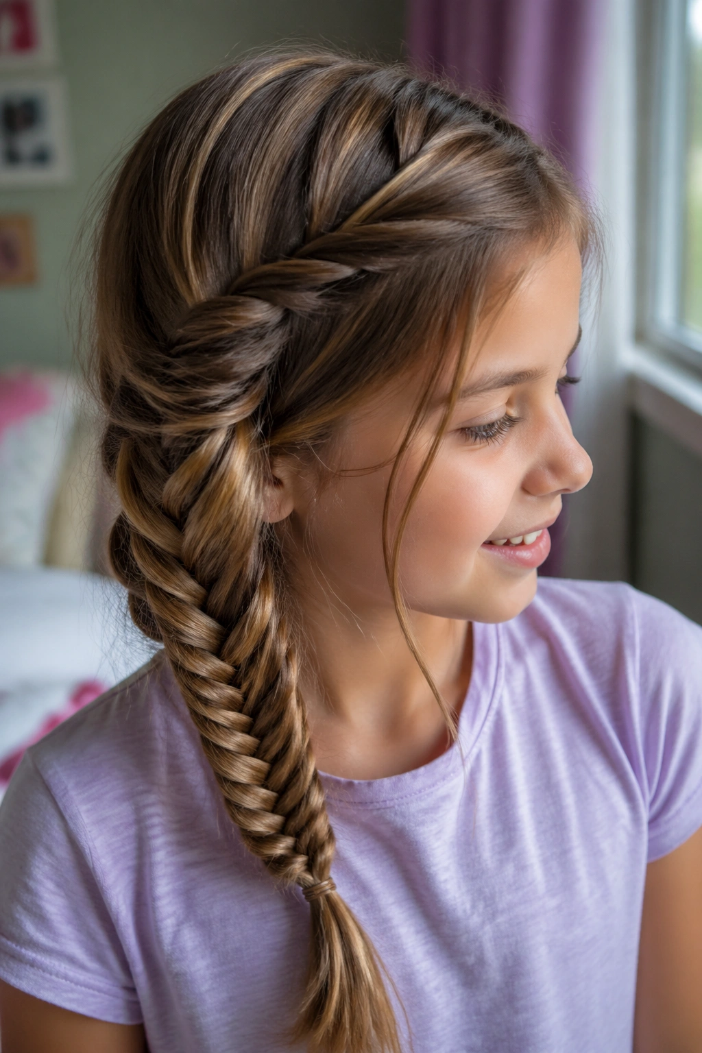 Close-up of child girl with a chunky fishtail braid