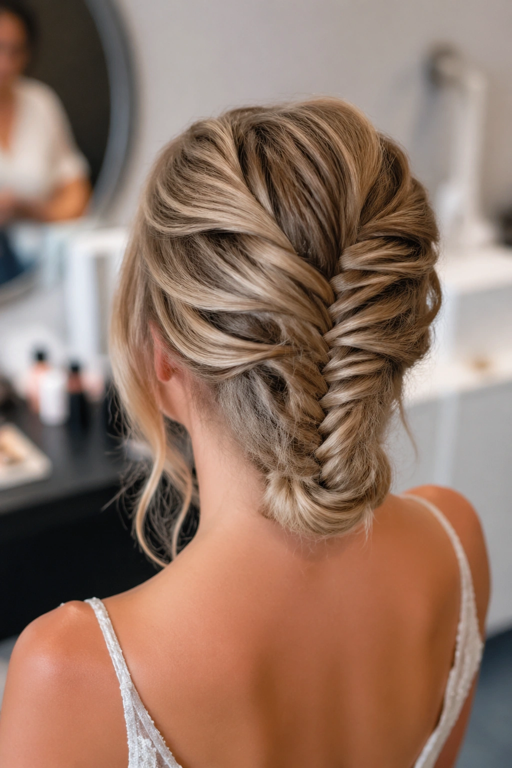Bride with fishtail braid using extensions, blended seamlessly