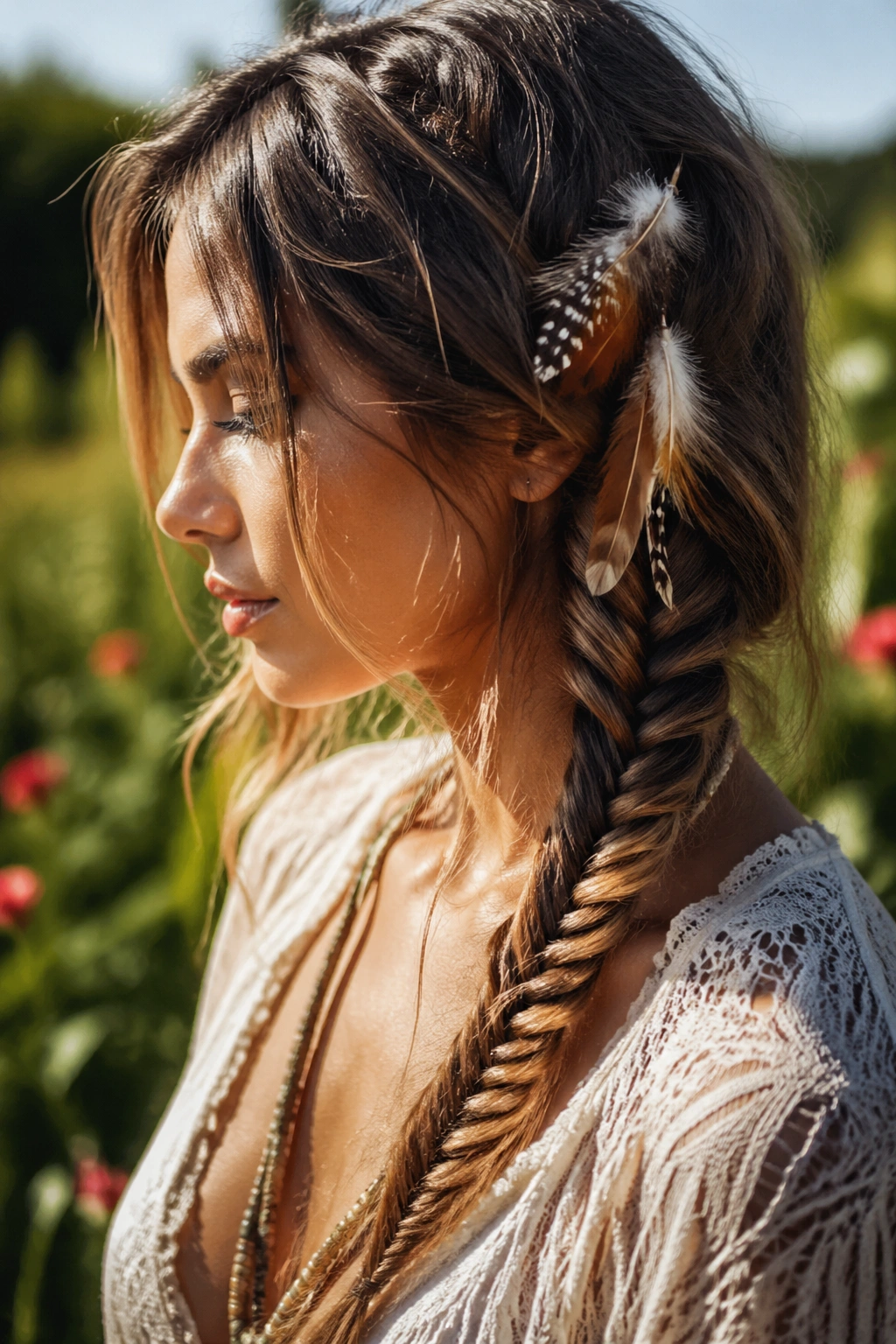 Close up of a fishtail feather braid on a real woman in sunlight