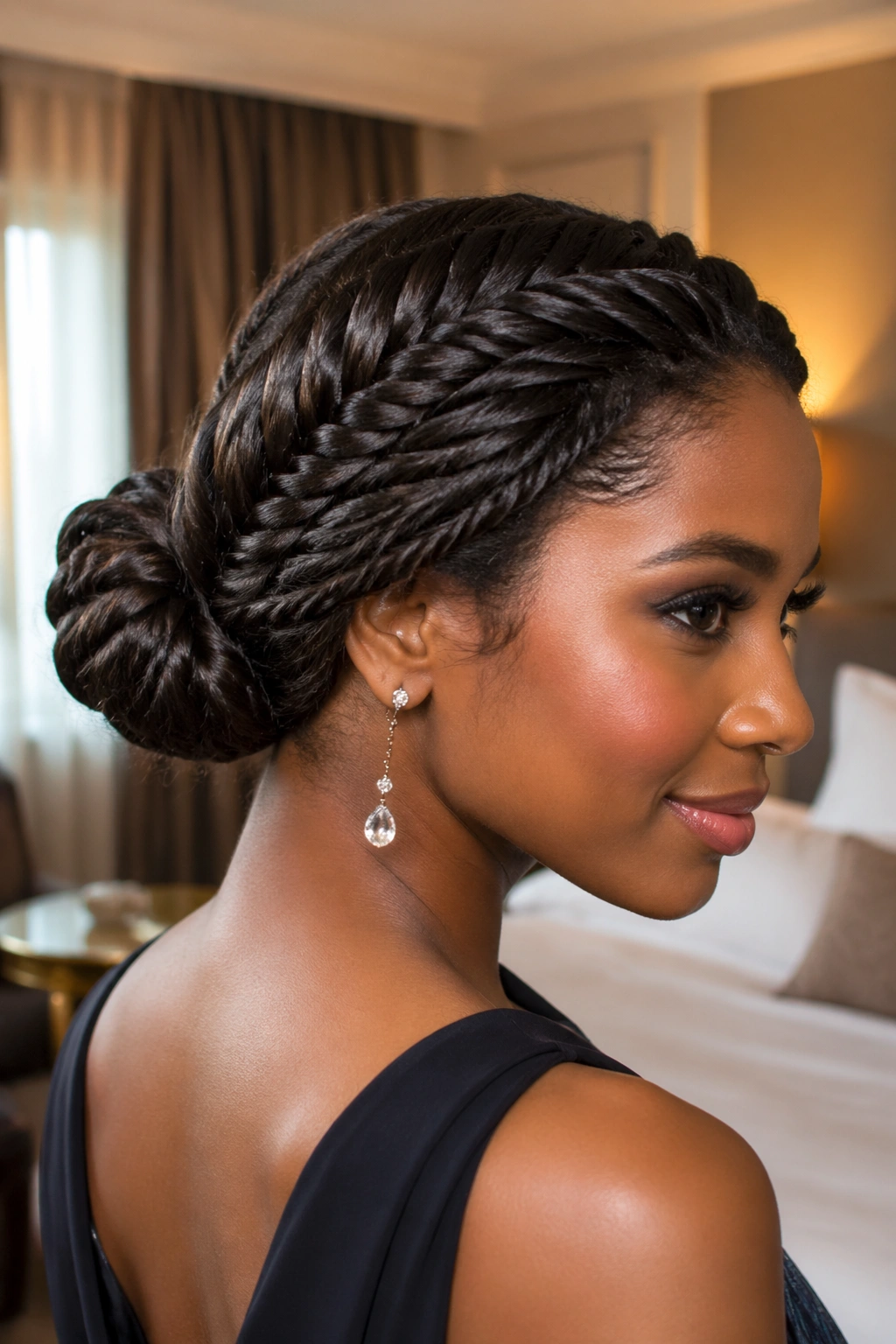 Close-up portrait of a woman with a fishtail braid folded bun in warm window light