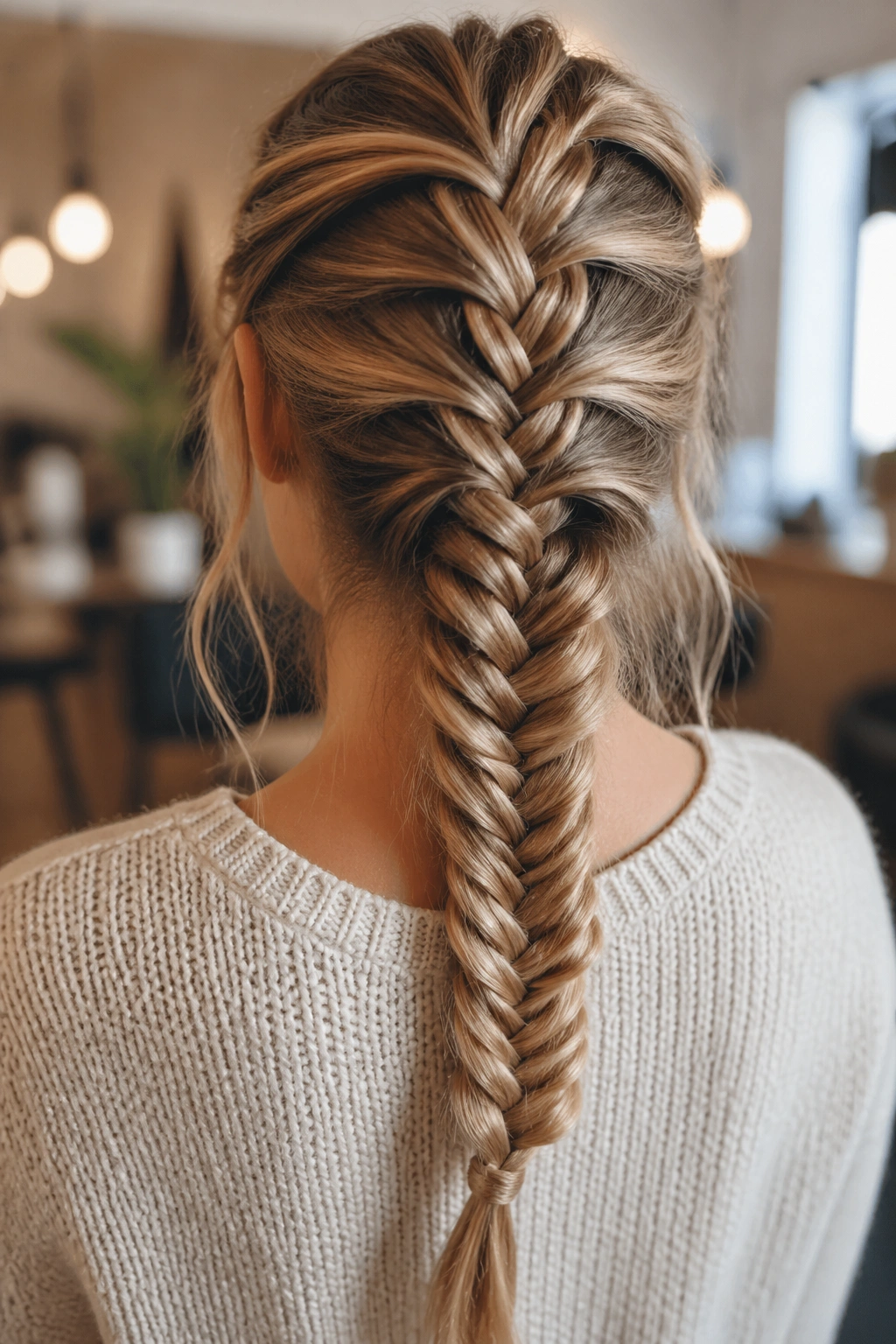 Close-up of a real woman with half-up French braid transitioning to a fishtail at the back.