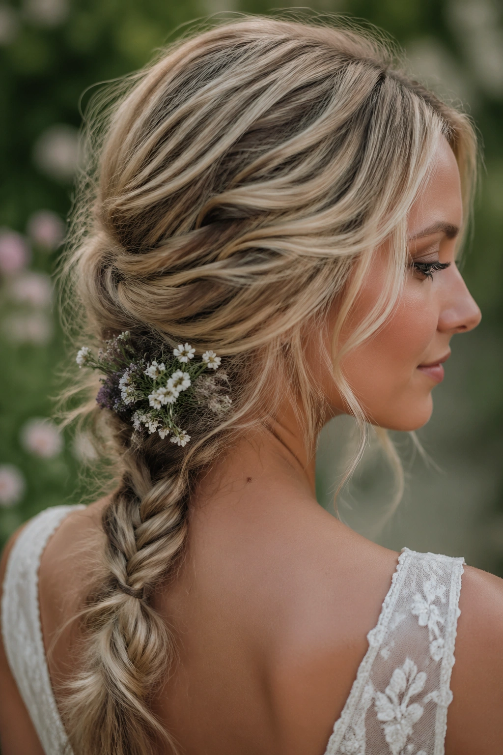 Close-up of a real bride with a loose low fishtail and wildflower sprigs in a garden