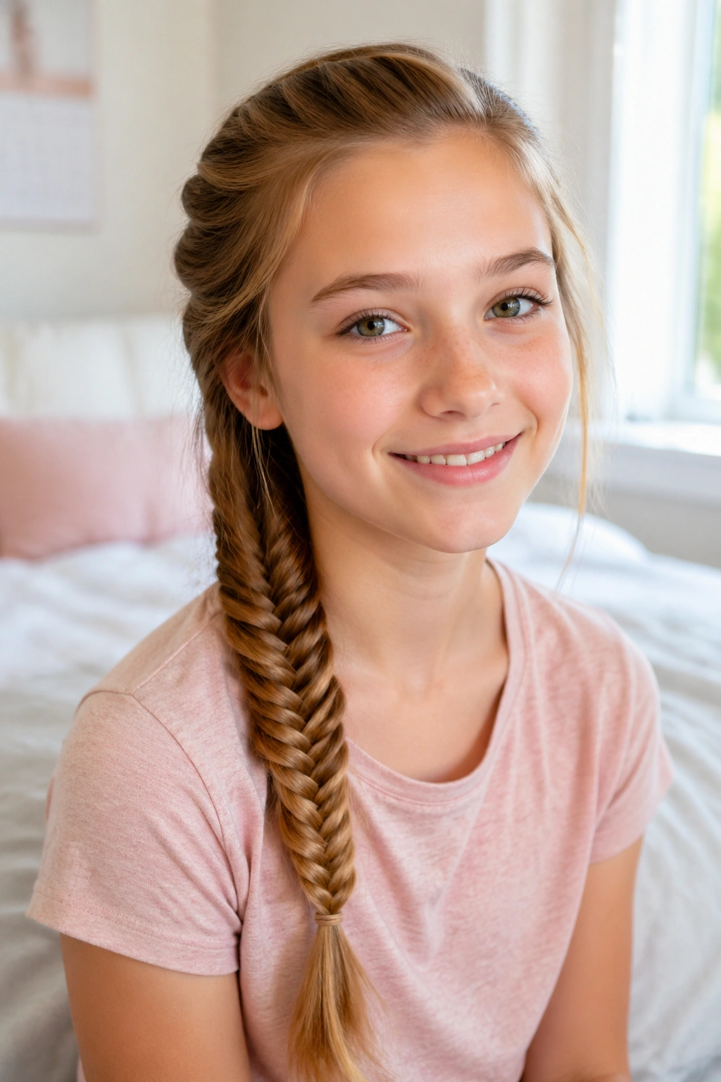 Close-up portrait of a girl with a fishtail braid