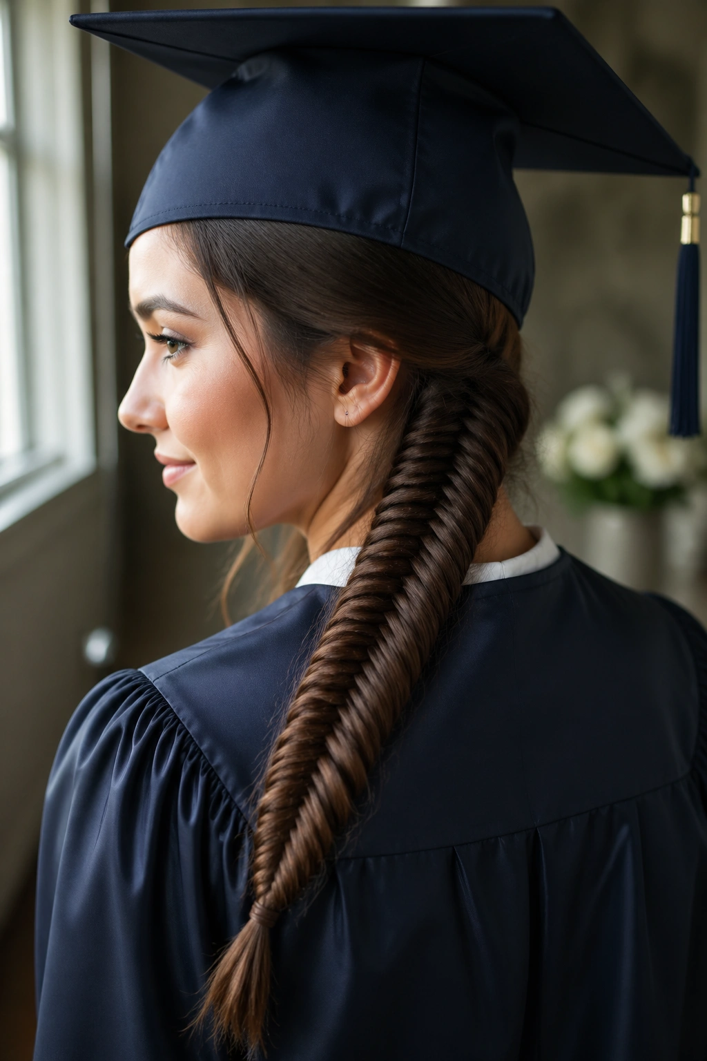 Close-up of polished fishtail braid on a real graduate under natural light
