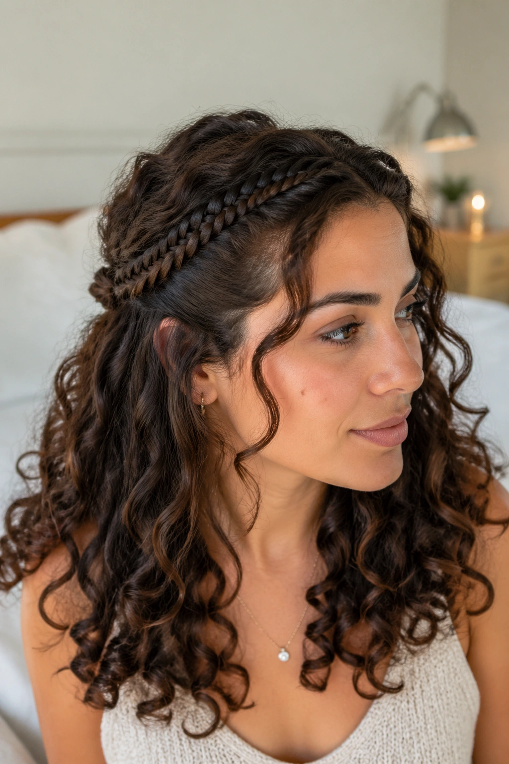 Fishtail pullback at temple on real woman with loose curls and light, natural lighting