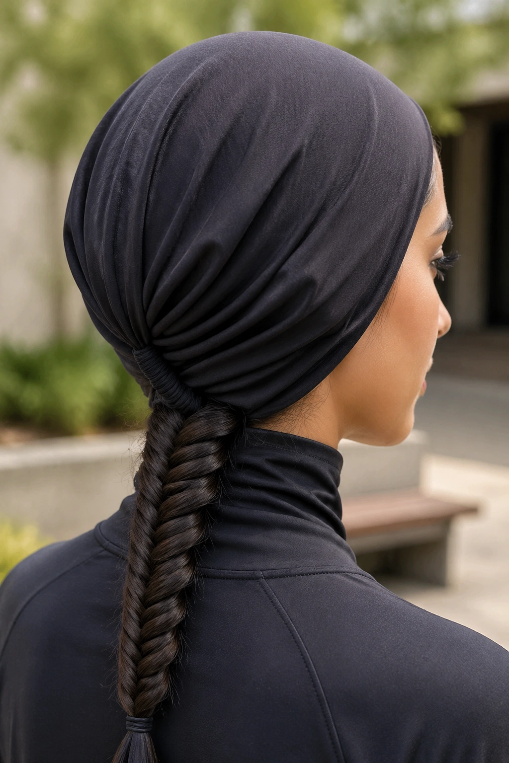 Close-up of fishtail braid under sports hijab on a real woman outdoors