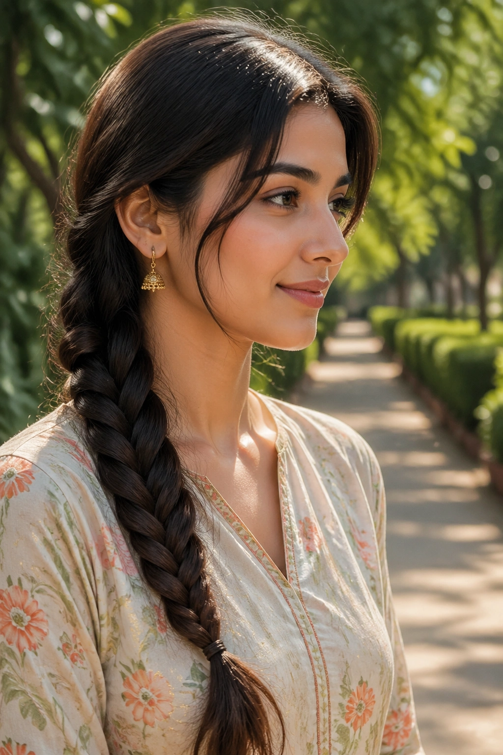 Close-up portrait of a real woman with a fishtail braid along the shoulder.