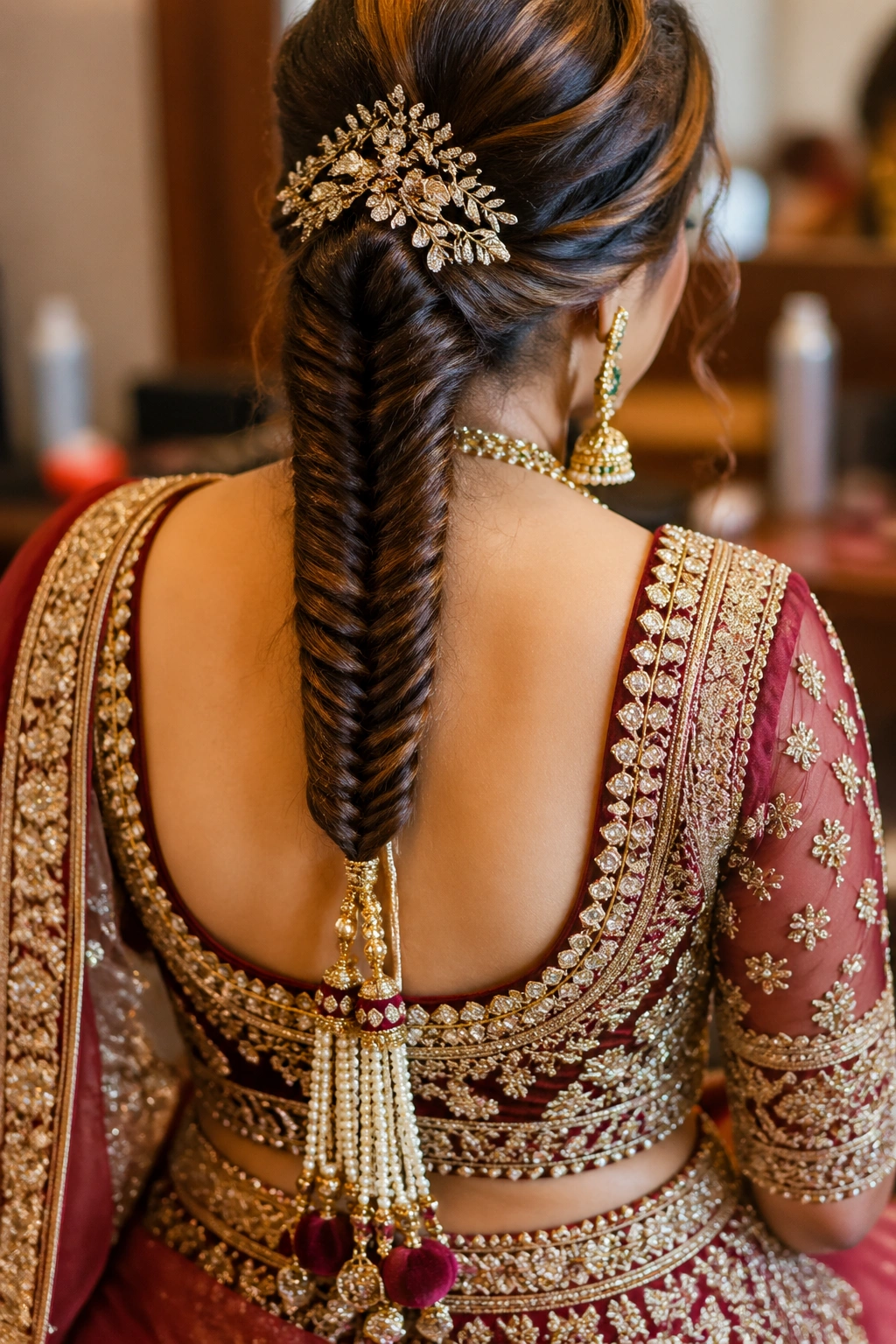 Close-up of fishtail parandi braid on long hair of a real bride