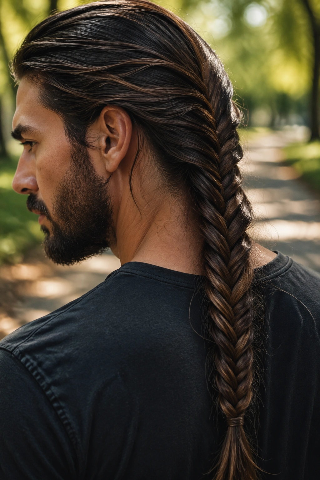 Close-up portrait of a man with a textured fishtail braid
