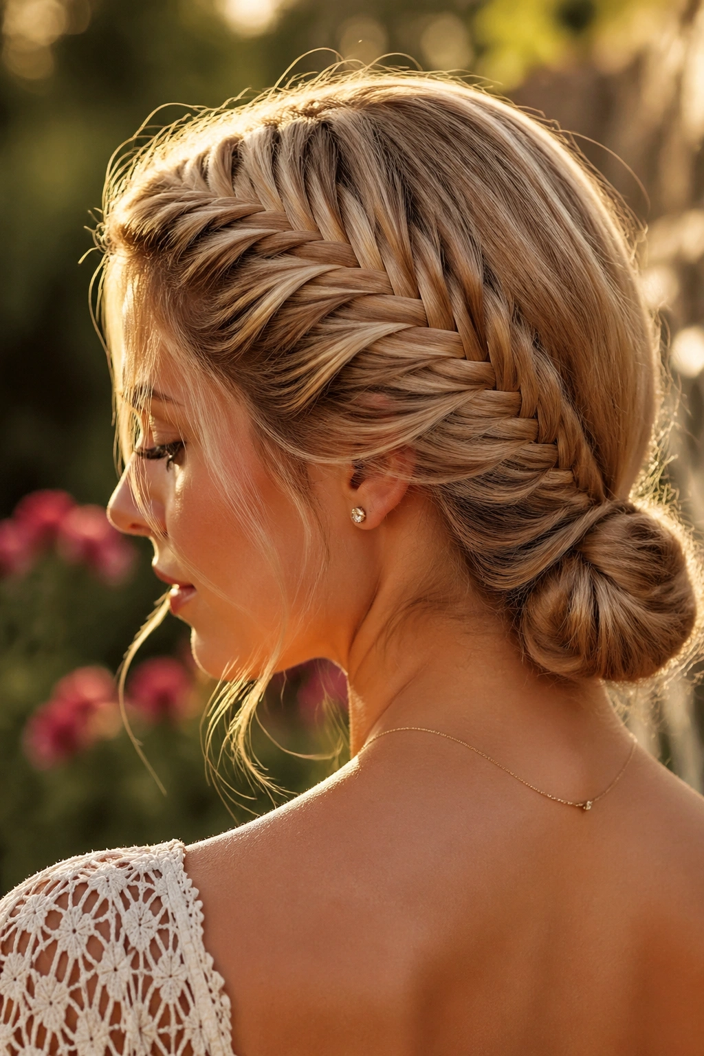 Close-up of a real woman with fishtail braid into a low knot