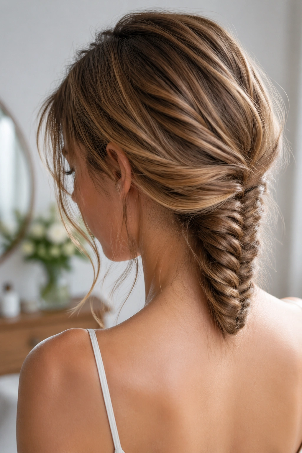 Close-up head and neck of a real woman with a low messy fishtail braid at the nape