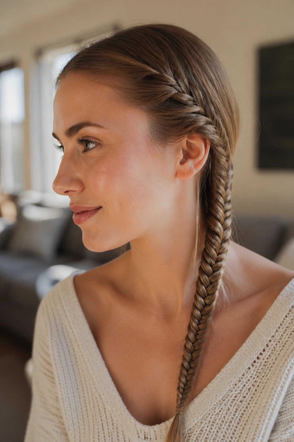 Close-up of a real woman with a narrow-textured fishtail braid along the head in sunlit room