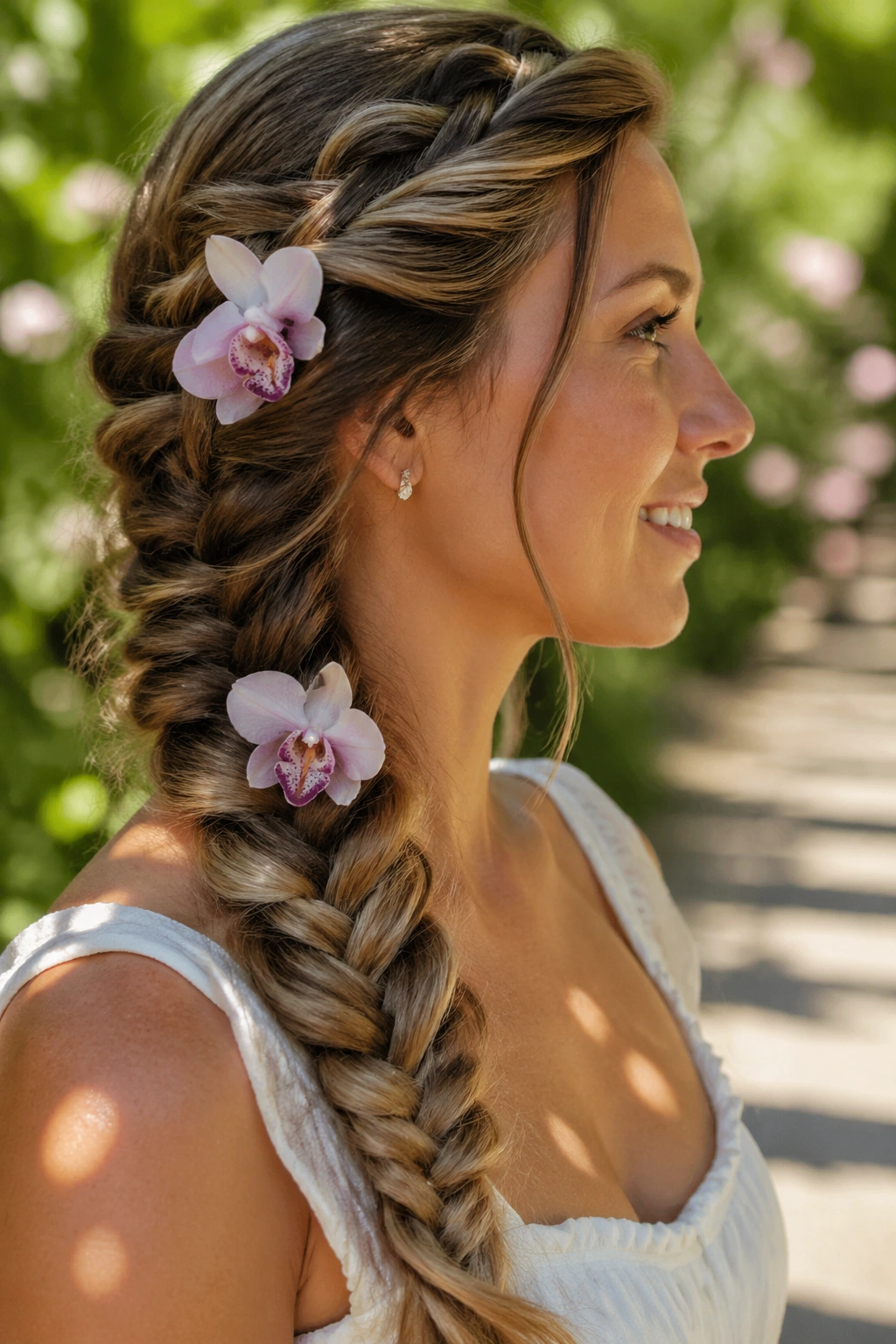 Profile view of a real woman with a side fishtail braid and small orchid blooms tucked into the braid.